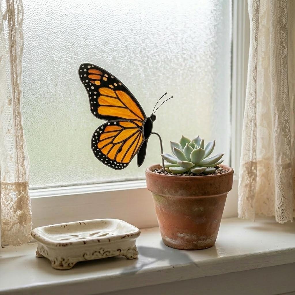 Handmade stained glass monarch butterfly plant stake displayed in a green ceramic planter