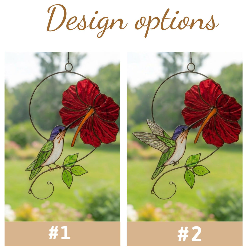 Handmade hummingbird and red hibiscus flower stained glass suncatcher casting vibrant colored shadows, perfect tropical botanical decor and memorial gift for mom.