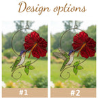 Handmade hummingbird and red hibiscus flower stained glass suncatcher casting vibrant colored shadows, perfect tropical botanical decor and memorial gift for mom.