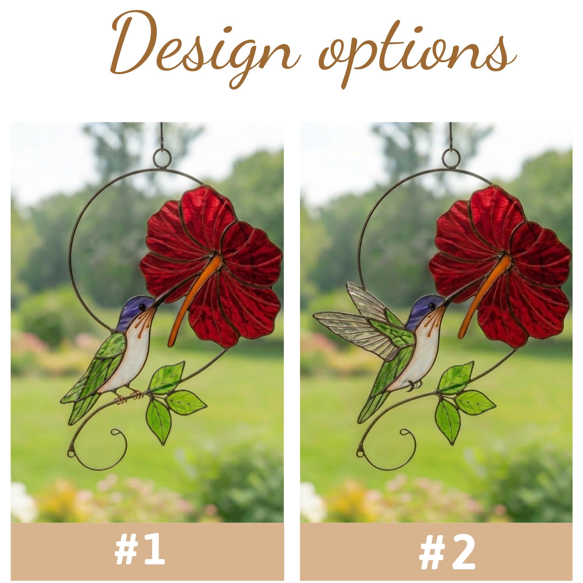 Handmade hummingbird and red hibiscus flower stained glass suncatcher casting vibrant colored shadows, perfect tropical botanical decor and memorial gift for mom.