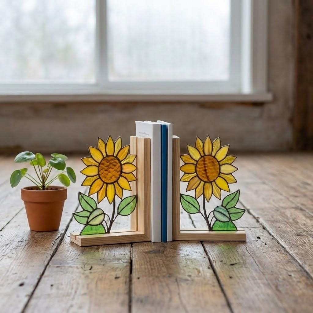 Yellow stained glass sunflower bookends with green leaves on a natural wood base holding books, catching spring sunlight on a desk.