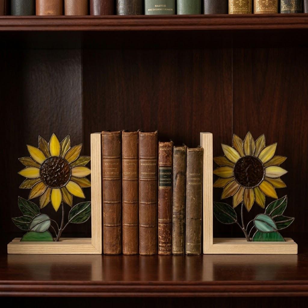 Yellow stained glass sunflower bookends with green leaves on a natural wood base holding books, catching spring sunlight on a desk.