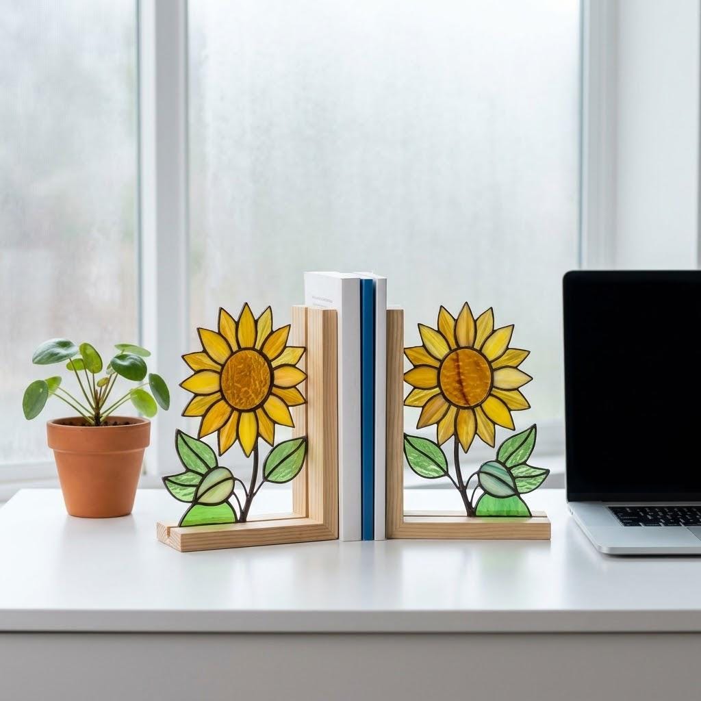 Yellow stained glass sunflower bookends with green leaves on a natural wood base holding books, catching spring sunlight on a desk.