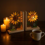 Yellow stained glass sunflower bookends with green leaves on a natural wood base holding books, catching spring sunlight on a desk.