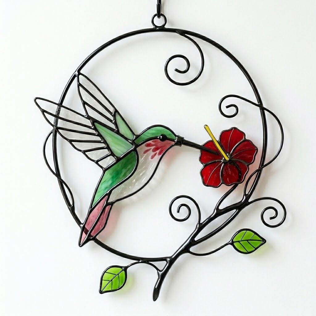 Handcrafted stained glass hummingbird and floral suncatchers in a circular metal hoop, casting colored shadows, packaged in a luxury wooden gift box for Mother's Day.