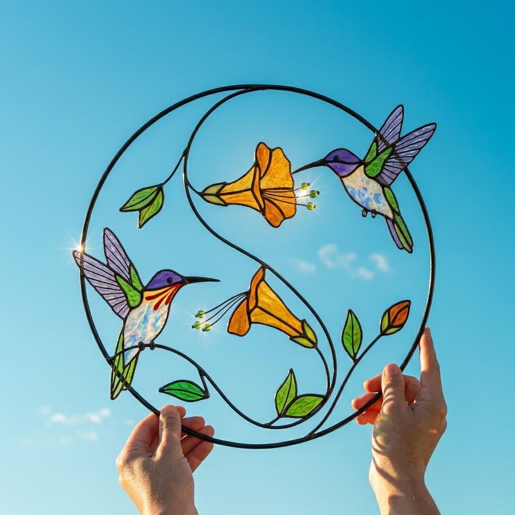 Handcrafted stained glass hummingbird and floral suncatchers in a circular metal hoop, casting colored shadows, packaged in a luxury wooden gift box for Mother's Day.