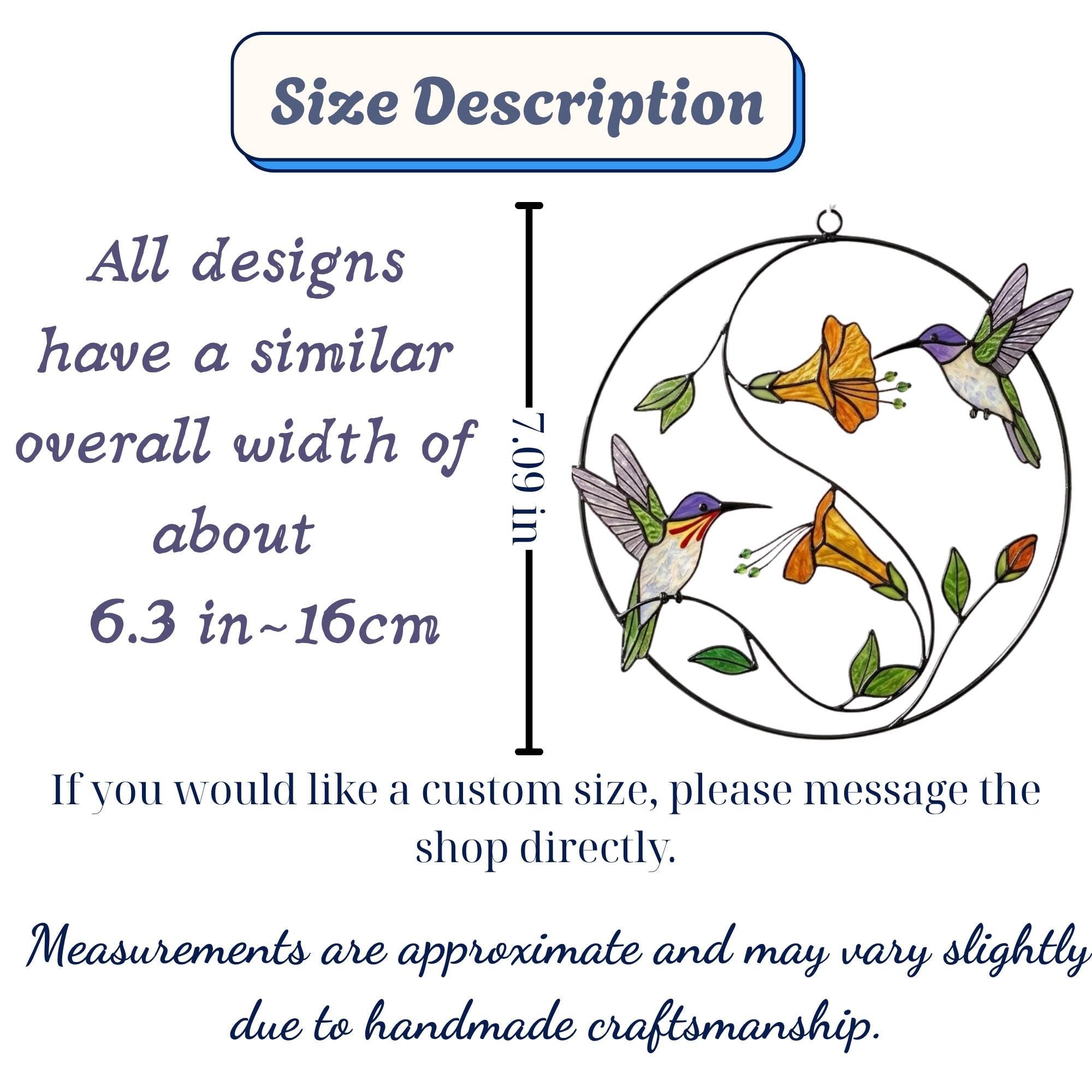 Handcrafted stained glass hummingbird and floral suncatchers in a circular metal hoop, casting colored shadows, packaged in a luxury wooden gift box for Mother's Day.