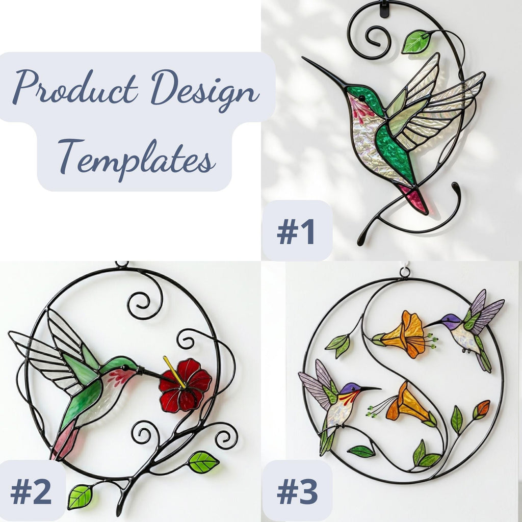 Handcrafted stained glass hummingbird and floral suncatchers in a circular metal hoop, casting colored shadows, packaged in a luxury wooden gift box for Mother's Day.