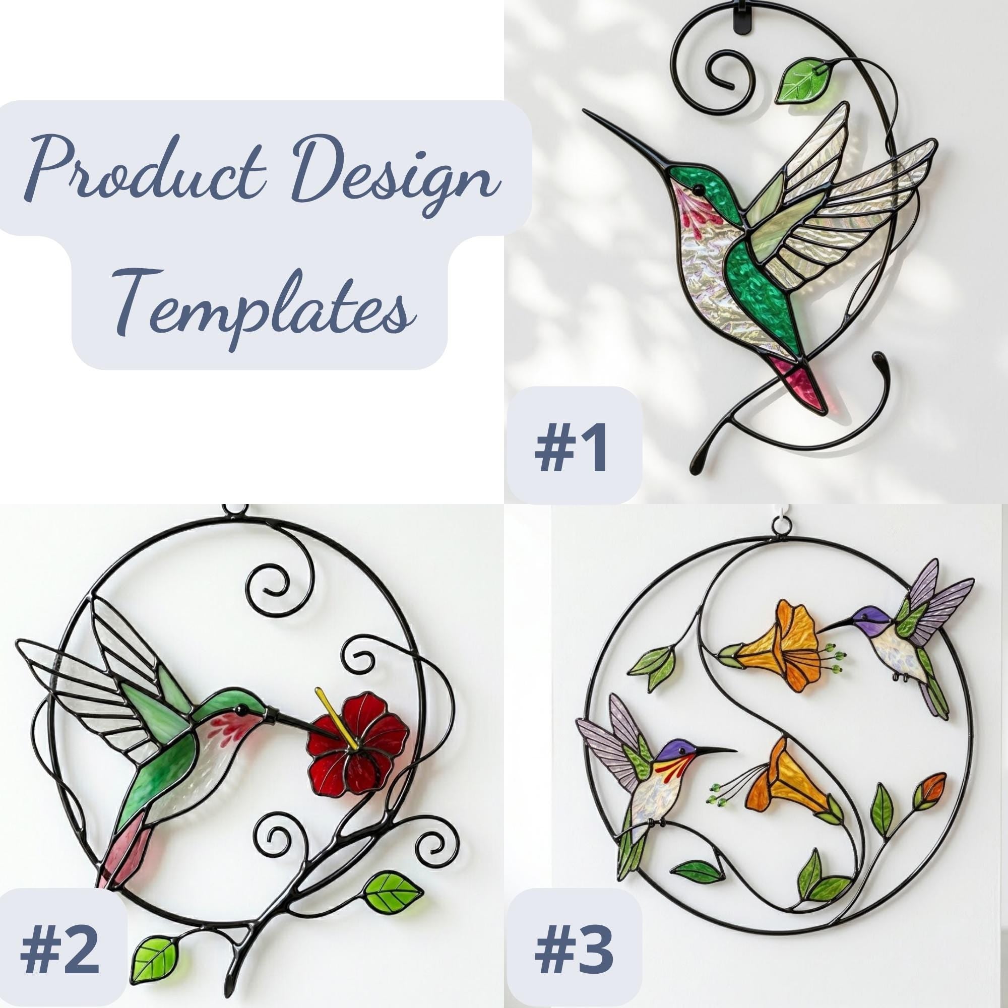 Handcrafted stained glass hummingbird and floral suncatchers in a circular metal hoop, casting colored shadows, packaged in a luxury wooden gift box for Mother's Day.