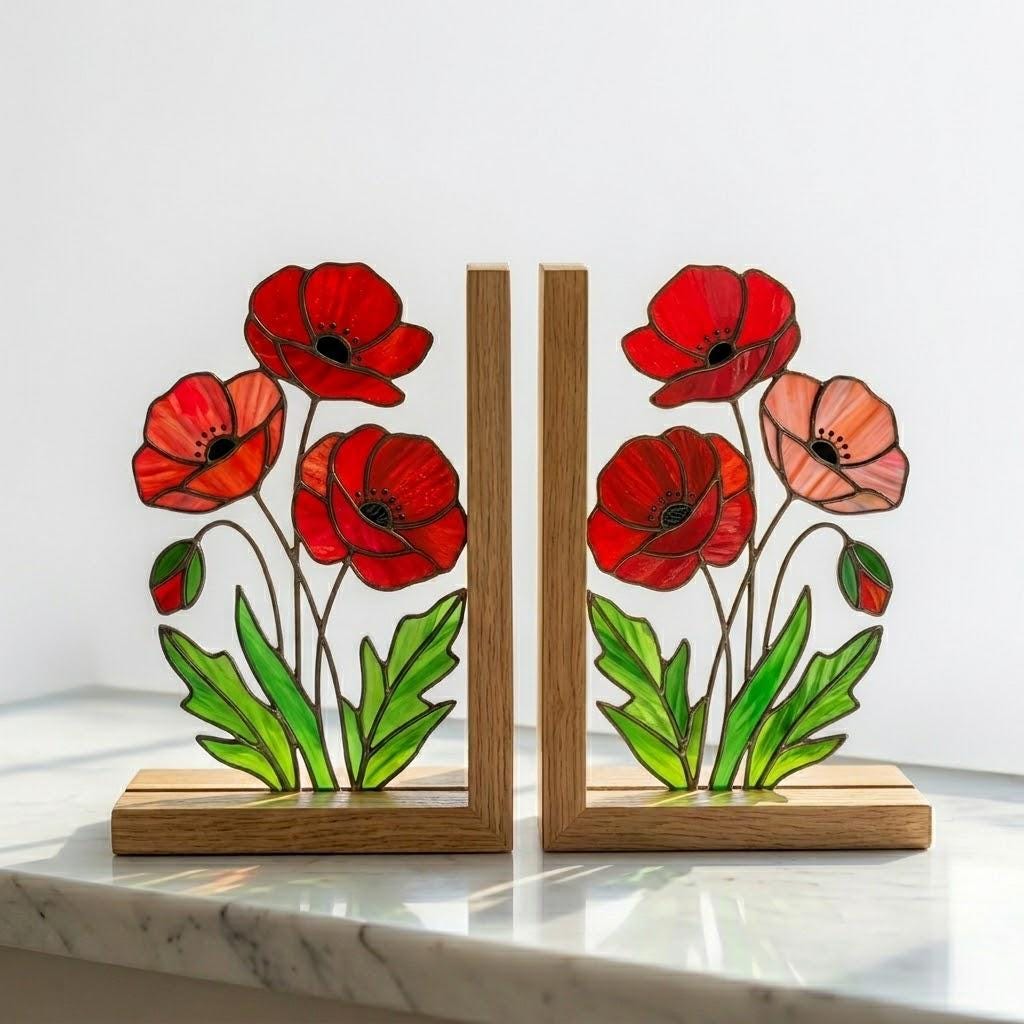Stained Glass Poppy Bookends, Solid Oak Base | August Birth Flower Gift | Mother's Day Gift for Book Lovers, Unique Floral Tabletop Decor