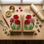 Stained Glass Poppy Bookends, Solid Oak Base | August Birth Flower Gift | Mother's Day Gift for Book Lovers, Unique Floral Tabletop Decor
