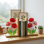 Stained Glass Poppy Bookends, Solid Oak Base | August Birth Flower Gift | Mother's Day Gift for Book Lovers, Unique Floral Tabletop Decor