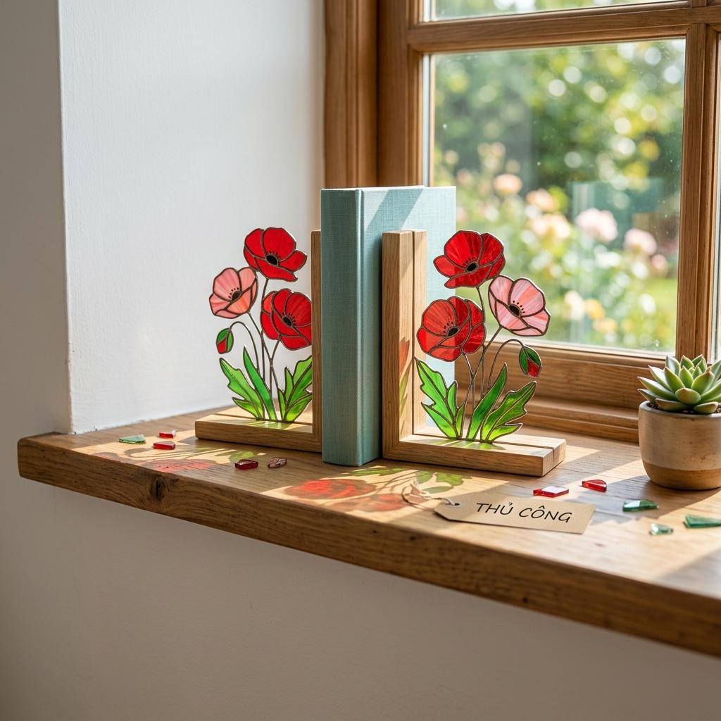 Stained Glass Poppy Bookends, Solid Oak Base | August Birth Flower Gift | Mother's Day Gift for Book Lovers, Unique Floral Tabletop Decor