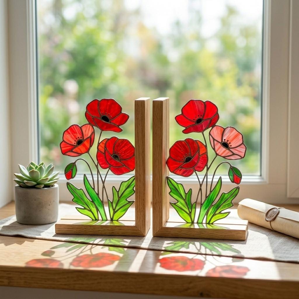 Stained Glass Poppy Bookends, Solid Oak Base | August Birth Flower Gift | Mother's Day Gift for Book Lovers, Unique Floral Tabletop Decor