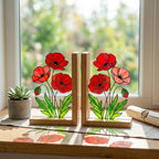 Stained Glass Poppy Bookends, Solid Oak Base | August Birth Flower Gift | Mother's Day Gift for Book Lovers, Unique Floral Tabletop Decor