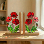 Stained Glass Poppy Bookends, Solid Oak Base | August Birth Flower Gift | Mother's Day Gift for Book Lovers, Unique Floral Tabletop Decor