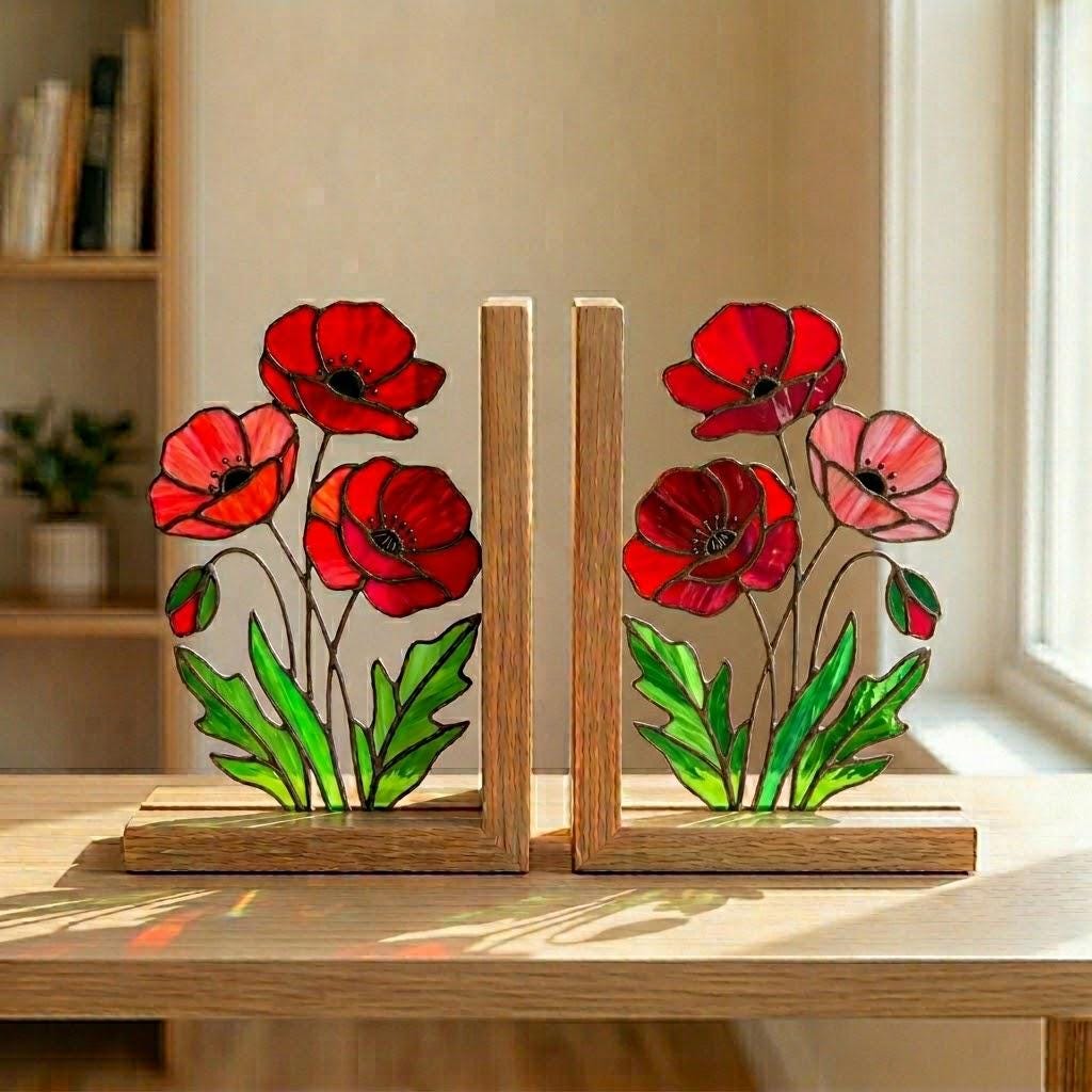 Stained Glass Poppy Bookends, Solid Oak Base | August Birth Flower Gift | Mother's Day Gift for Book Lovers, Unique Floral Tabletop Decor