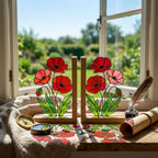 Stained Glass Poppy Bookends, Solid Oak Base | August Birth Flower Gift | Mother's Day Gift for Book Lovers, Unique Floral Tabletop Decor