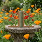 California Poppy Stained Glass Bookends, Solid Oak Base August Birth Flower Gift Handmade Suncatcher, Unique Floral Decor for Book Lovers