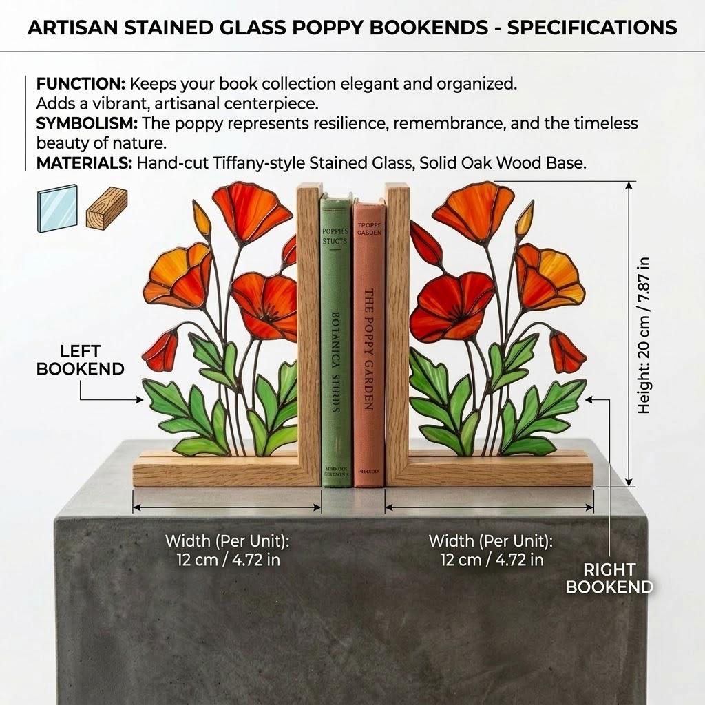 California Poppy Stained Glass Bookends, Solid Oak Base August Birth Flower Gift Handmade Suncatcher, Unique Floral Decor for Book Lovers