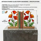 California Poppy Stained Glass Bookends, Solid Oak Base August Birth Flower Gift Handmade Suncatcher, Unique Floral Decor for Book Lovers
