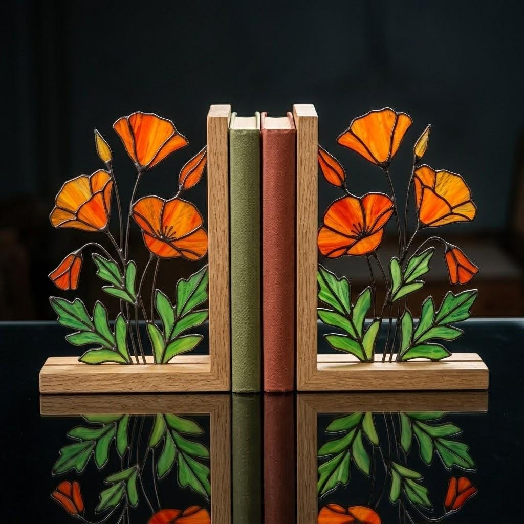 California Poppy Stained Glass Bookends, Solid Oak Base August Birth Flower Gift Handmade Suncatcher, Unique Floral Decor for Book Lovers