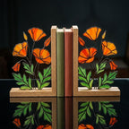 California Poppy Stained Glass Bookends, Solid Oak Base August Birth Flower Gift Handmade Suncatcher, Unique Floral Decor for Book Lovers
