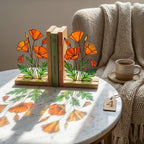 California Poppy Stained Glass Bookends, Solid Oak Base August Birth Flower Gift Handmade Suncatcher, Unique Floral Decor for Book Lovers
