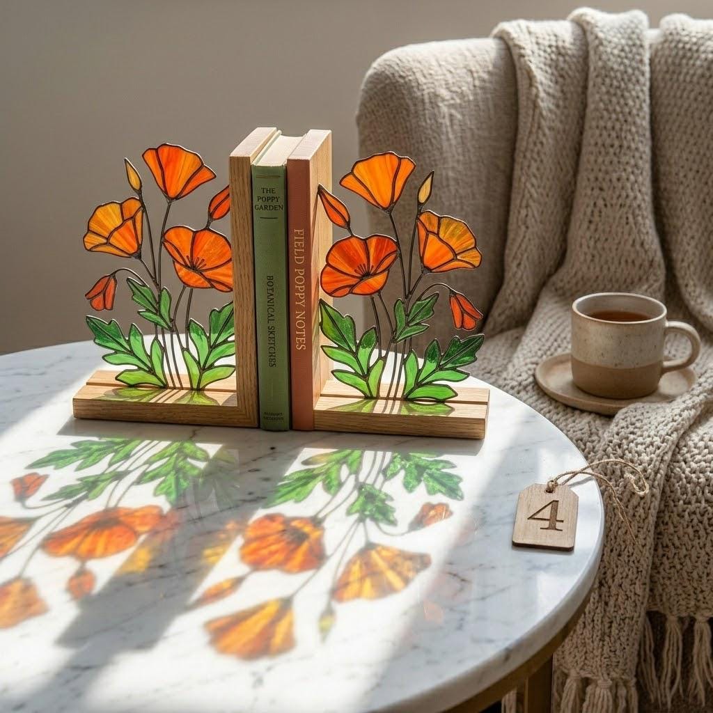 California Poppy Stained Glass Bookends, Solid Oak Base August Birth Flower Gift Handmade Suncatcher, Unique Floral Decor for Book Lovers