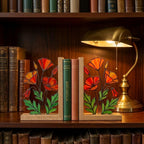 California Poppy Stained Glass Bookends, Solid Oak Base August Birth Flower Gift Handmade Suncatcher, Unique Floral Decor for Book Lovers