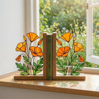 California Poppy Stained Glass Bookends, Solid Oak Base August Birth Flower Gift Handmade Suncatcher, Unique Floral Decor for Book Lovers