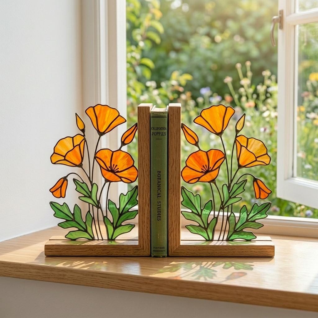 California Poppy Stained Glass Bookends, Solid Oak Base August Birth Flower Gift Handmade Suncatcher, Unique Floral Decor for Book Lovers