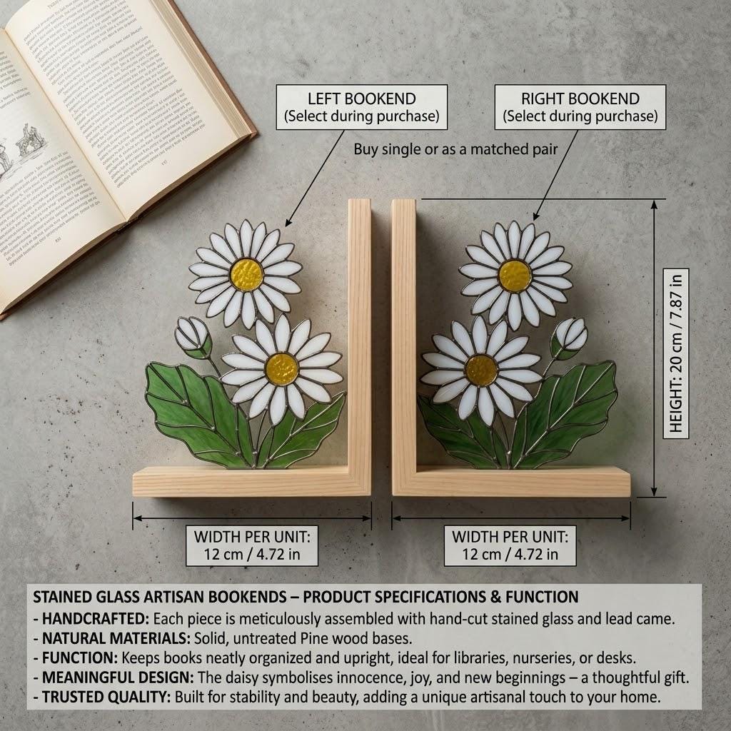White Daisy Stained Glass Bookends, Natural Pine Wood Base April Birth Flower Gift Handmade Flower Suncatcher, Nursery Decor, Book Gift