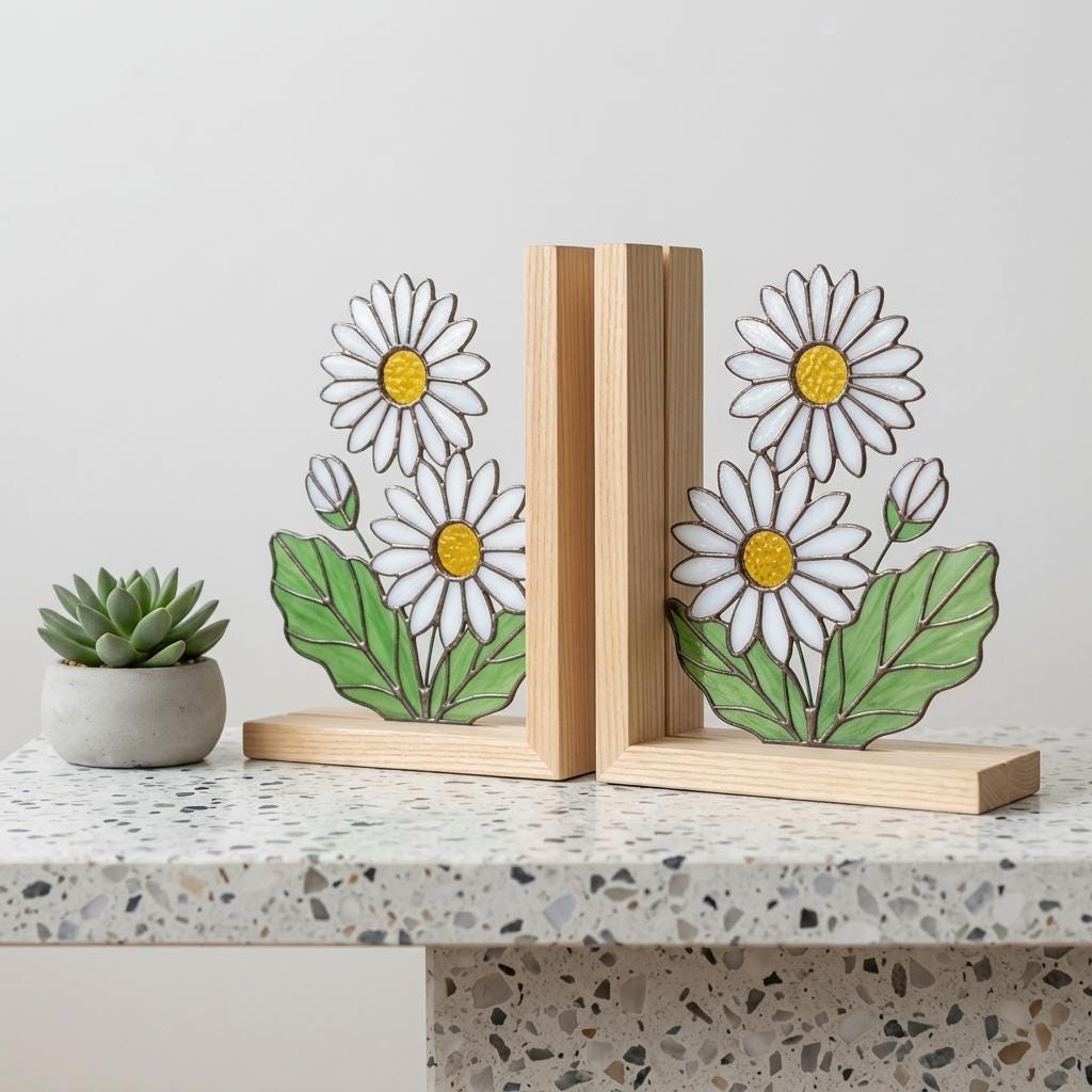 White Daisy Stained Glass Bookends, Natural Pine Wood Base April Birth Flower Gift Handmade Flower Suncatcher, Nursery Decor, Book Gift