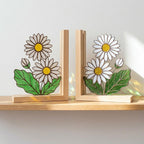 White Daisy Stained Glass Bookends, Natural Pine Wood Base April Birth Flower Gift Handmade Flower Suncatcher, Nursery Decor, Book Gift