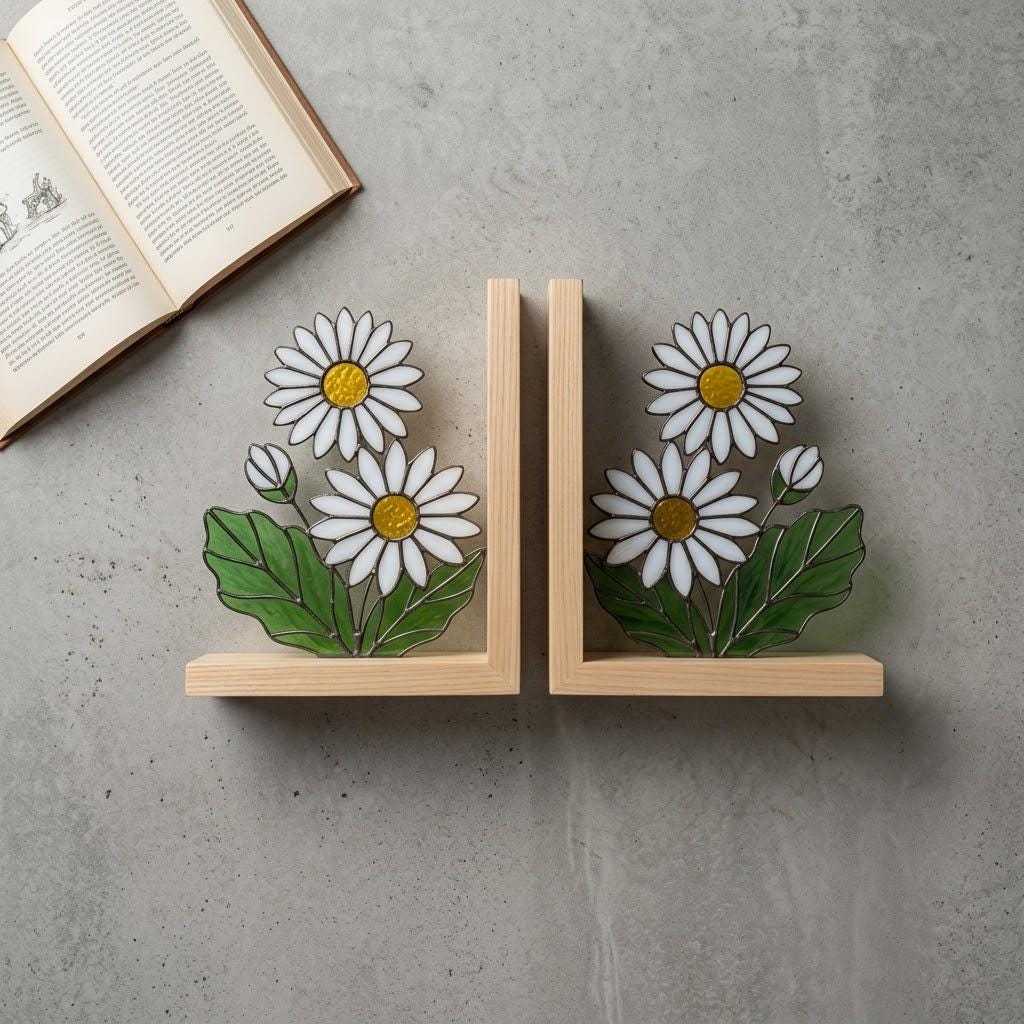 White Daisy Stained Glass Bookends, Natural Pine Wood Base April Birth Flower Gift Handmade Flower Suncatcher, Nursery Decor, Book Gift