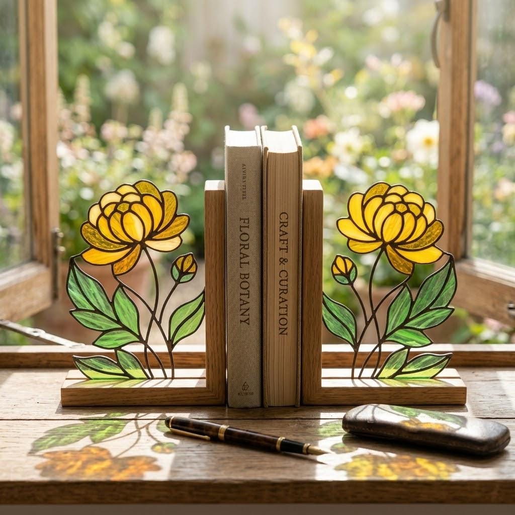 Stained Glass Marigold Bookends, Solid Oak Base October November Birth Flower Gift Handmade Chrysanthemum Flower Suncatcher, Office Decor