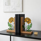 Stained Glass Marigold Bookends, Solid Oak Base October November Birth Flower Gift Handmade Chrysanthemum Flower Suncatcher, Office Decor