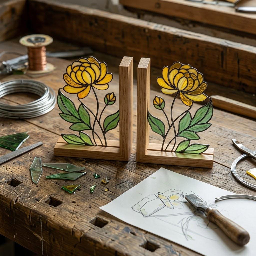 Stained Glass Marigold Bookends, Solid Oak Base October November Birth Flower Gift Handmade Chrysanthemum Flower Suncatcher, Office Decor