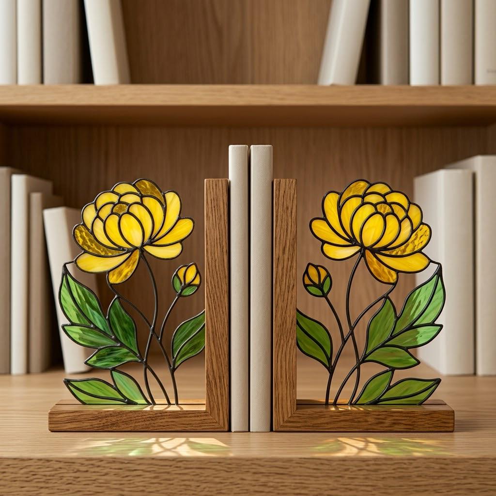 Stained Glass Marigold Bookends, Solid Oak Base October November Birth Flower Gift Handmade Chrysanthemum Flower Suncatcher, Office Decor