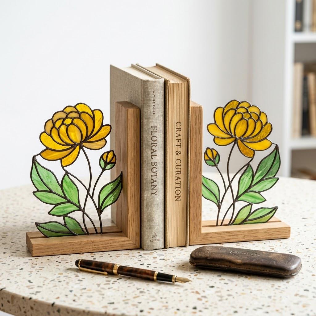 Stained Glass Marigold Bookends, Solid Oak Base October November Birth Flower Gift Handmade Chrysanthemum Flower Suncatcher, Office Decor