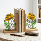 Stained Glass Marigold Bookends, Solid Oak Base October November Birth Flower Gift Handmade Chrysanthemum Flower Suncatcher, Office Decor