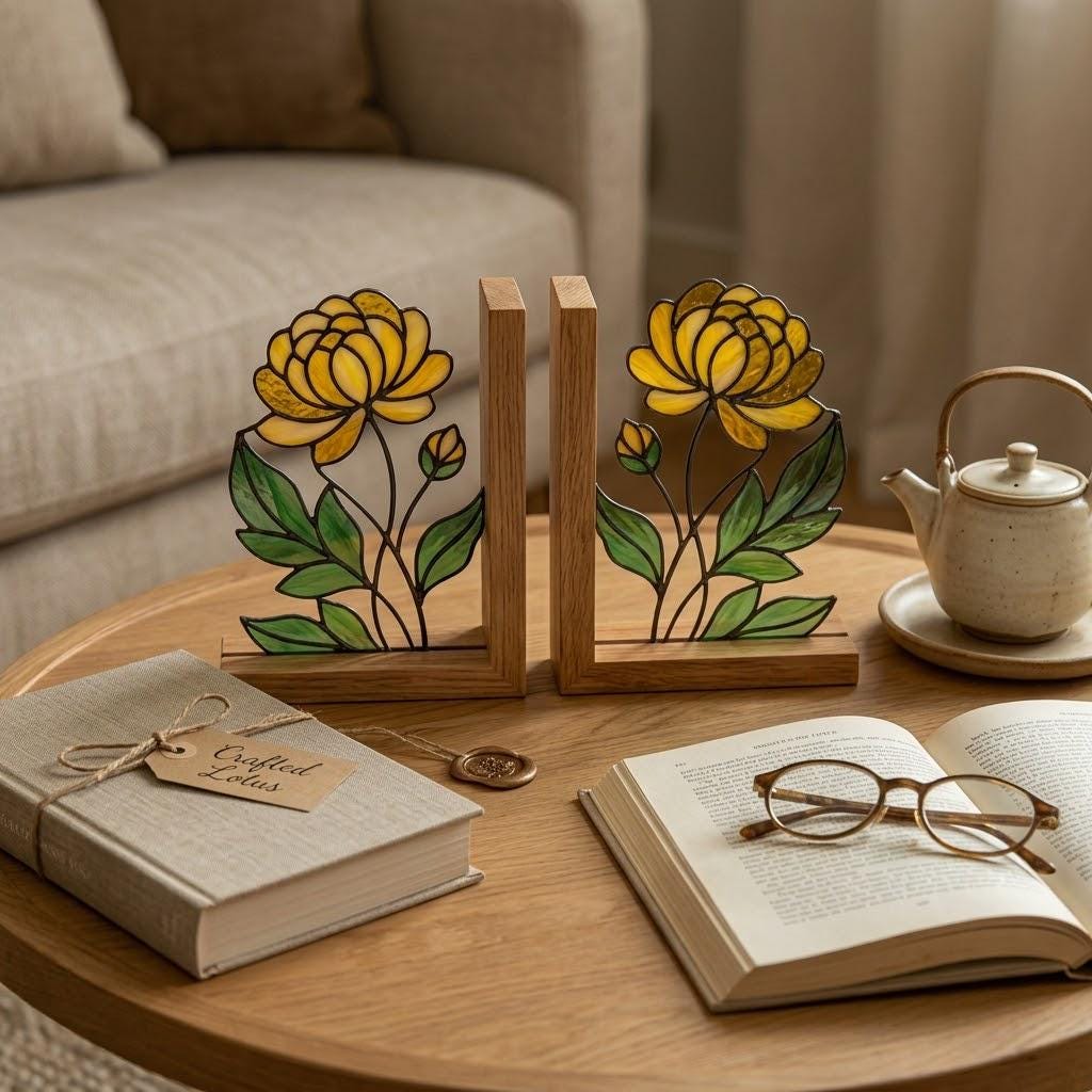 Stained Glass Marigold Bookends, Solid Oak Base October November Birth Flower Gift Handmade Chrysanthemum Flower Suncatcher, Office Decor