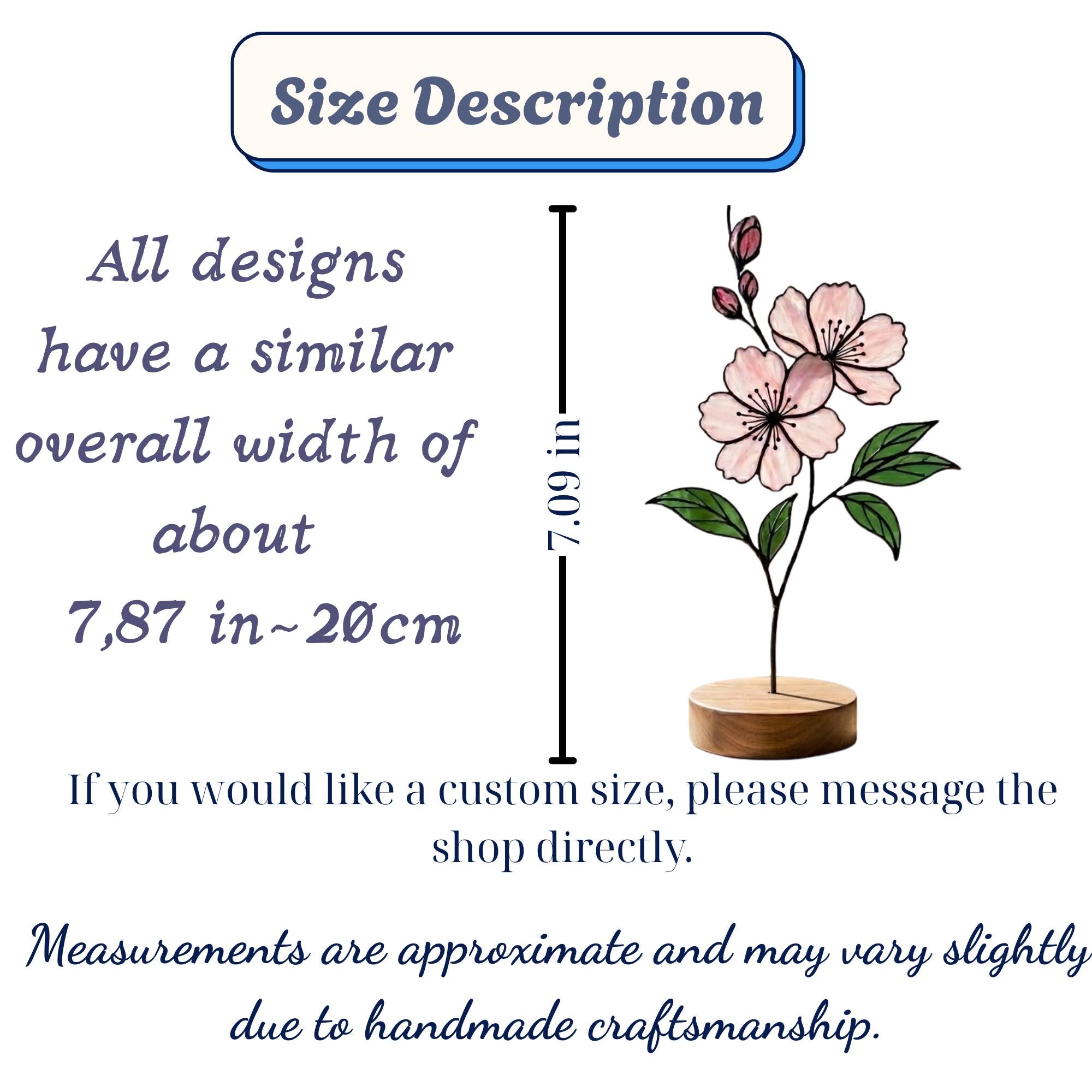 Handcrafted 3D stained glass pink cherry blossom sakura flower standing on a solid wooden base casting colored shadows on a desk, perfect Mother's Day gift.