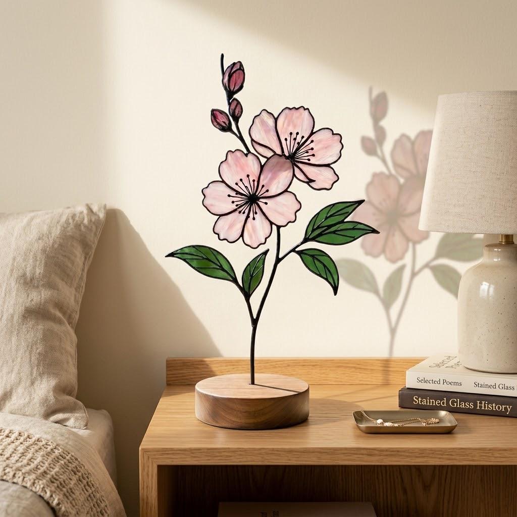 Handcrafted 3D stained glass pink cherry blossom sakura flower standing on a solid wooden base casting colored shadows on a desk, perfect Mother's Day gift.