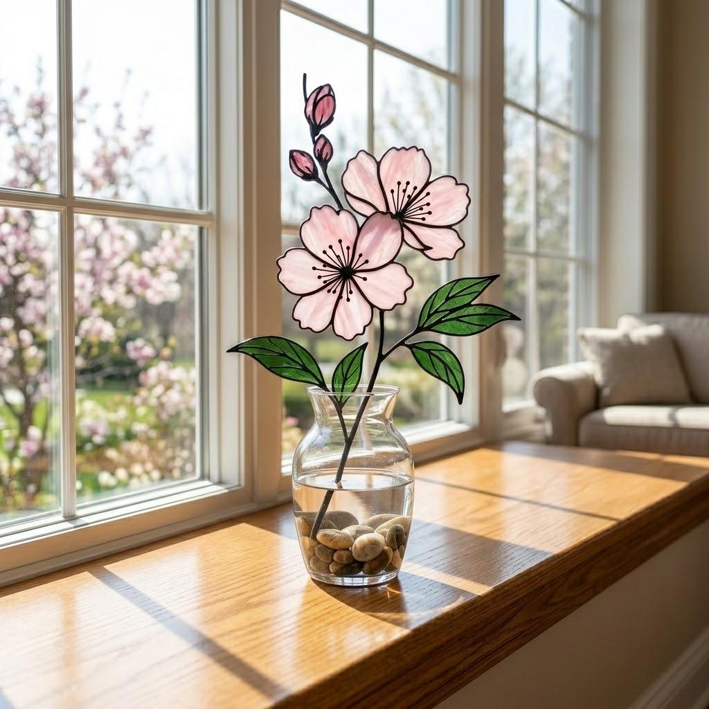 Handcrafted 3D stained glass pink cherry blossom sakura flower standing on a solid wooden base casting colored shadows on a desk, perfect Mother's Day gift.