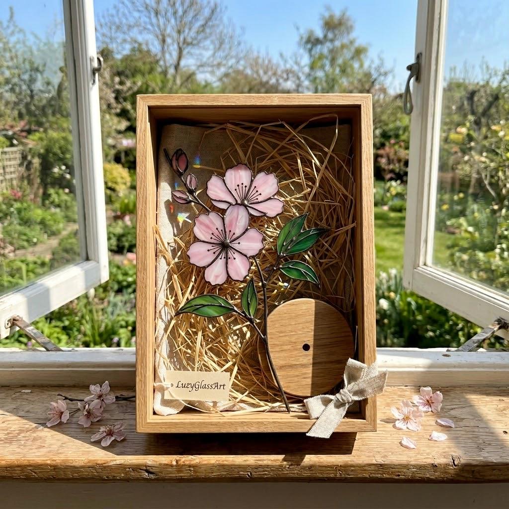 Handcrafted 3D stained glass pink cherry blossom sakura flower standing on a solid wooden base casting colored shadows on a desk, perfect Mother's Day gift.