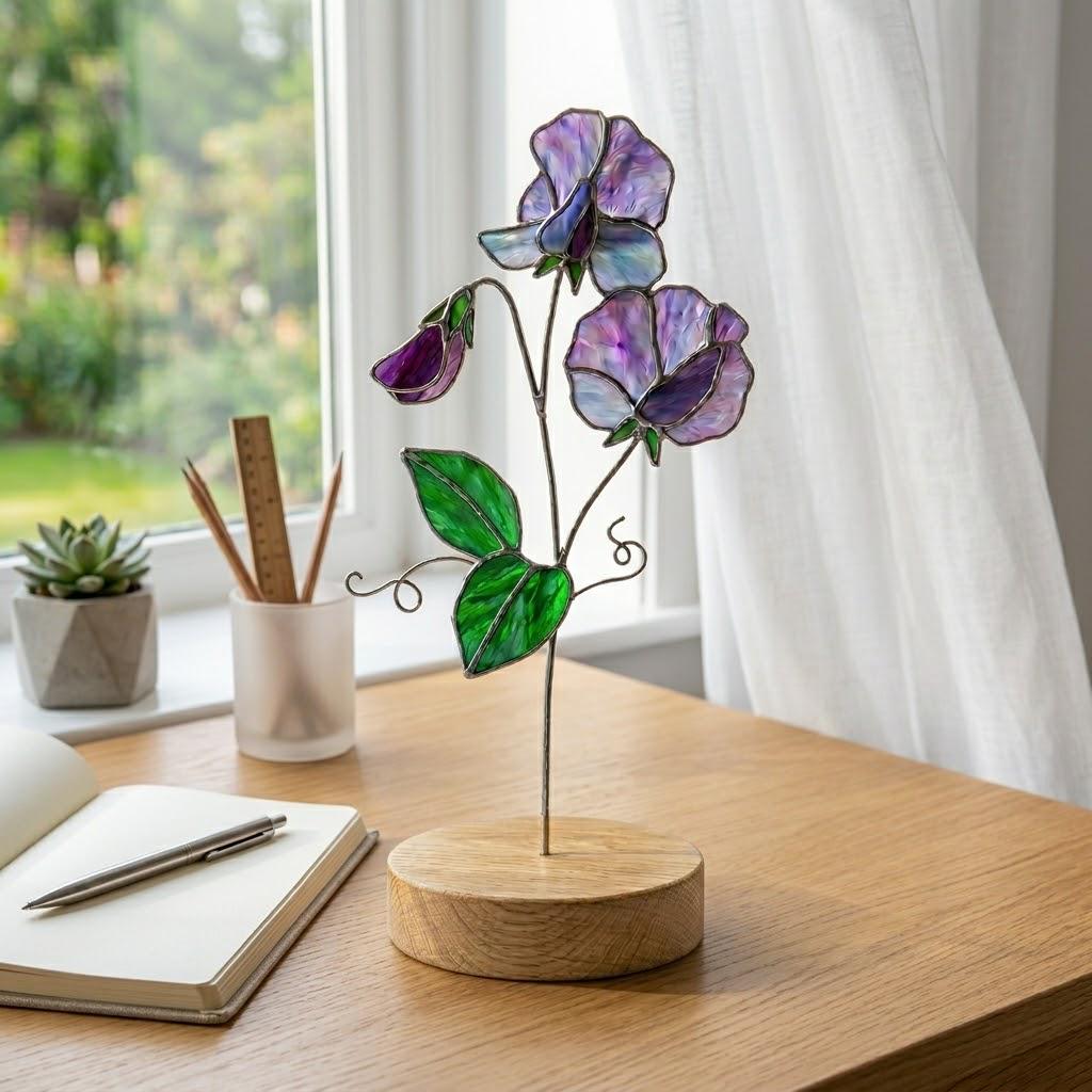 Handcrafted 3D stained glass purple sweet pea flower standing on a solid wooden base casting colored shadows, perfect April birth flower or Mother's Day desk decor gift.