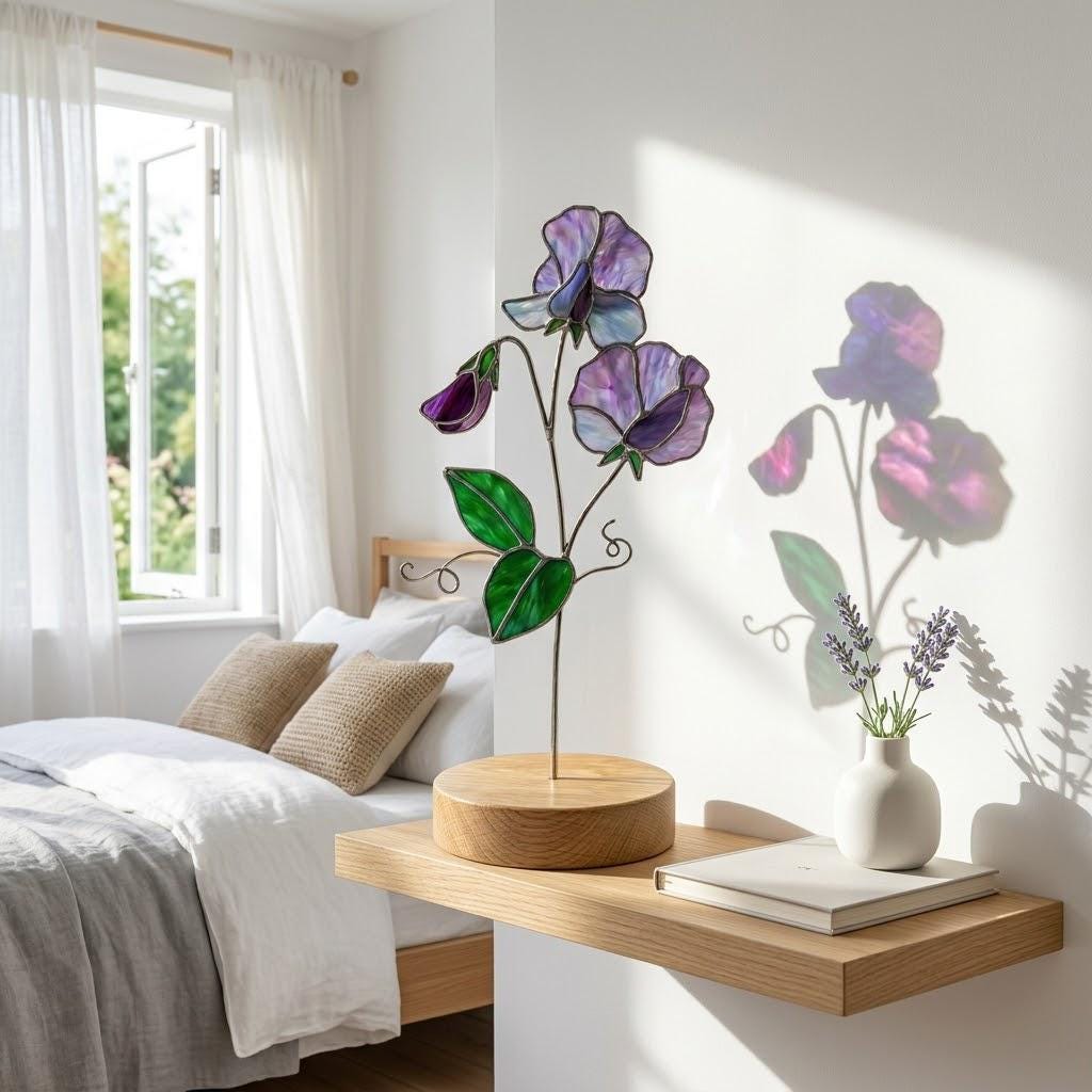 Handcrafted 3D stained glass purple sweet pea flower standing on a solid wooden base casting colored shadows, perfect April birth flower or Mother's Day desk decor gift.