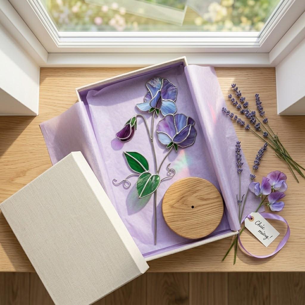 Handcrafted 3D stained glass purple sweet pea flower standing on a solid wooden base casting colored shadows, perfect April birth flower or Mother's Day desk decor gift.